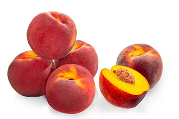 Peaches on a white isolated background. Ripe fresh tropical nectarine fruit piece with pit.