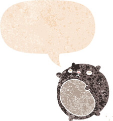 cartoon bear and speech bubble in retro textured style