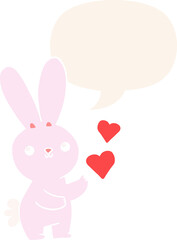 cute cartoon rabbit and love hearts and speech bubble in retro style