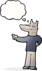 cartoon pointing wolf man with thought bubble