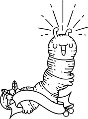 banner with black line work tattoo style happy caterpillar