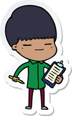 sticker of a cartoon smug boy with clip board