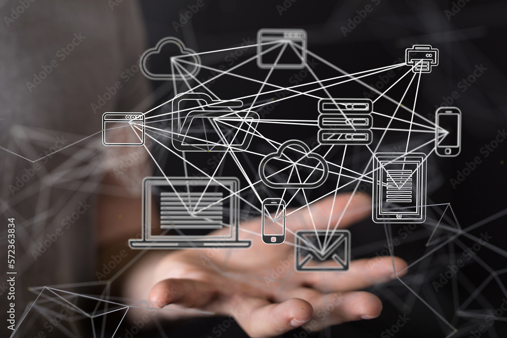 Poster Global network. Blockchain. 3D illustration. Neural networks and artificial intelligence. Abstract  - connection