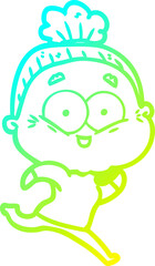 cold gradient line drawing cartoon happy old woman