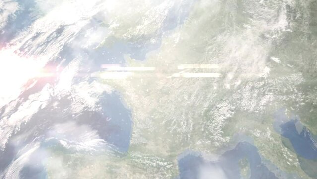 Earth zoom in from outer space to city. Zooming on Blois, France. The animation continues by zoom out through clouds and atmosphere into space. Images from NASA