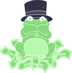 flat color illustration of a cartoon rich frog in top hat