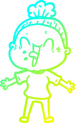 cold gradient line drawing cartoon happy old woman