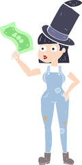 flat color illustration of a cartoon woman holding on to money