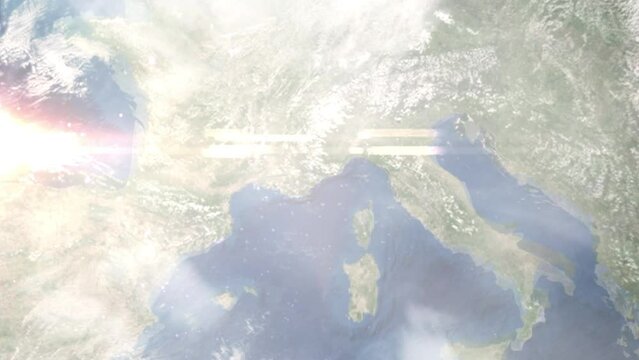 Earth zoom in from outer space to city. Zooming on Cagnes-sur-Mer, France. The animation continues by zoom out through clouds and atmosphere into space. Images from NASA