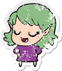 distressed sticker of a happy cartoon elf girl