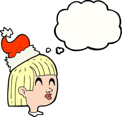 thought bubble cartoon girl wearing santa hat