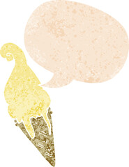 cartoon ice cream and speech bubble in retro textured style