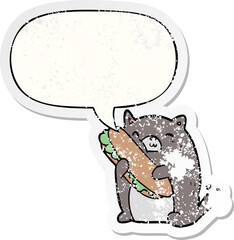 cartoon cat loving the amazing sandwich he's just made for lunch and speech bubble distressed sticker