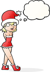 cartoon woman in christmas elf costume with thought bubble