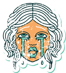distressed sticker tattoo style icon of a very happy crying female face