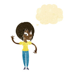 cartoon woman waving with thought bubble