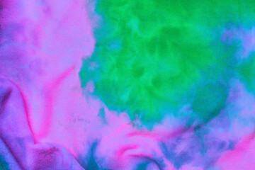 Abstract tie dye neon multicolor folded fabric cloth boho pattern texture for background, sale flyer, 60s, 70s, 80s, 90s retro poster, tie-dye diy backdrop. Modern Watercolor wapor wave, Fabrics Art