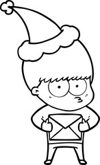 nervous line drawing of a boy wearing santa hat