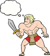 cartoon fantasy hero man with thought bubble