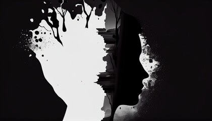 Mental health, depression, sadness, loneliness creative abstract concept. Head silhouette with depression illustration idea inside. Mental illness.