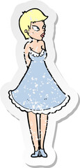 retro distressed sticker of a cartoon pretty woman in dress