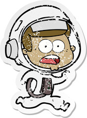 distressed sticker of a cartoon surprised astronaut