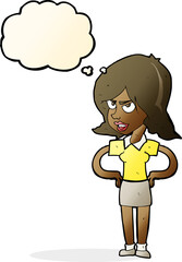cartoon annoyed woman with hands on hips with thought bubble