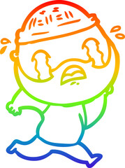 rainbow gradient line drawing cartoon bearded man crying