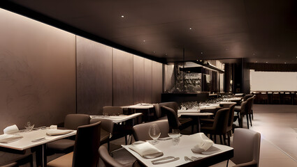 A sleek and modern restaurant interior, with perfect lighting and sharp details to create a sense of luxury and sophistication with Generative AI