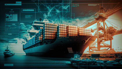 Shipping companies of the future and their customers will combine container shipments on cargo ships. Shipment tracking. Logistics solutions from the future in the image created with the help of AI.
