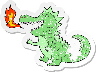 retro distressed sticker of a cartoon fire breathing dragon
