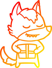 warm gradient line drawing friendly cartoon wolf carrying christmas present