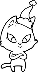 confused line drawing of a cat wearing santa hat