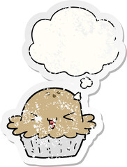cute cartoon pie and thought bubble as a distressed worn sticker