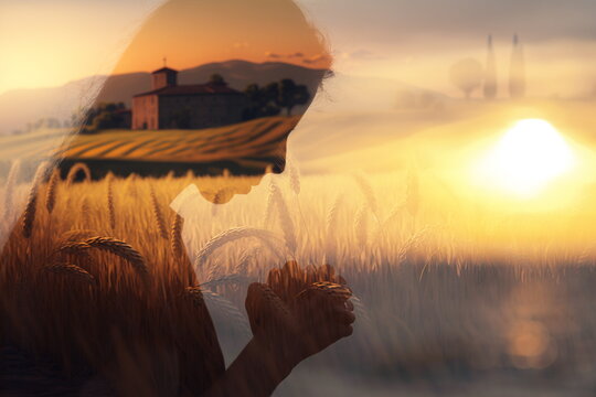 A woman prays against the backdrop of the sunset