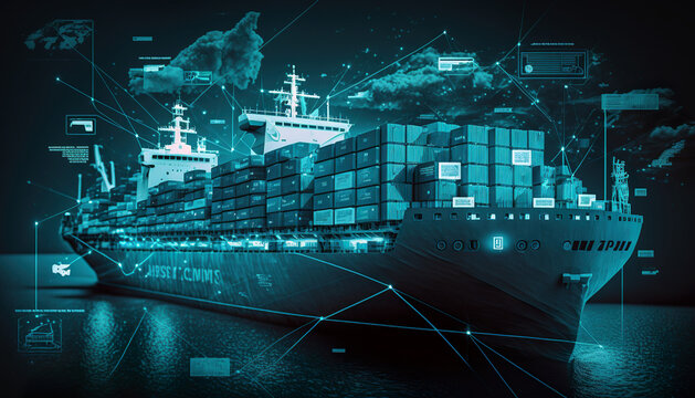 Shipping companies of the future and their customers will combine container shipments on cargo ships. Shipment tracking. Logistics solutions from the future in the image created with the help of AI.