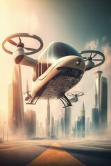 UAM urban air mobility, Public aerial transportation, Passenger Autonomous Aerial Vehicle AAV in futuristic city