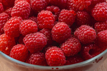 ripe red raspberries in a glass bowl on a wooden background as a natural background.