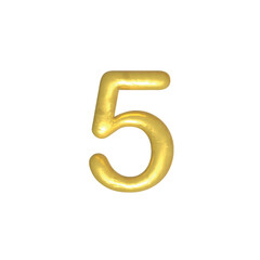 5 number gold isolated. Gold yellow metallic numbers. Foil symbol. Bright metallic 3D, realistic vector illustration
