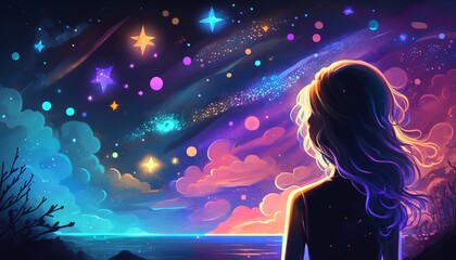 Illustration shows a youngster gazing up at a galaxy flickering in the night sky as inspiration for a prayer with the themes of hope, love, and peace. Generative Ai.