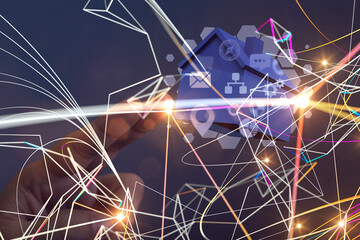 home data. Digital cyberspace with particles and Digital data network connections concept.