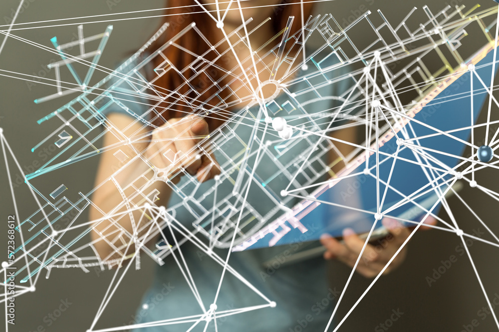 Poster Neural network 3D illustration. Big data and cybersecurity - connection
