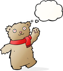 cartoon teddy bear wearing scarf with thought bubble