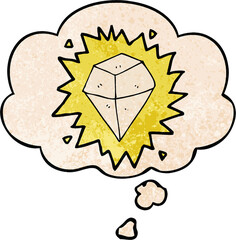 cartoon shining crystal and thought bubble in grunge texture pattern style
