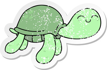 distressed sticker of a quirky hand drawn cartoon turtle