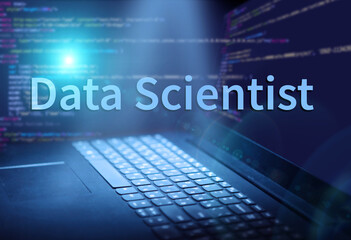 Data Scientist inscription in abstract digital background. Programming language, computer courses, training.