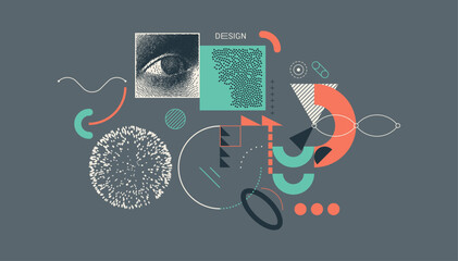 Art composition with geometric shapes and forms. Sphere. Researcher looking at substance. Cover design template for layout of the science brochure, presentation, poster or cover. Vector illustration.