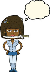 cartoon woman with knife between teeth with thought bubble