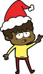 line drawing of a exhausted boy wearing santa hat