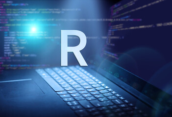 R inscription in abstract digital background. Programming language, computer courses, training.